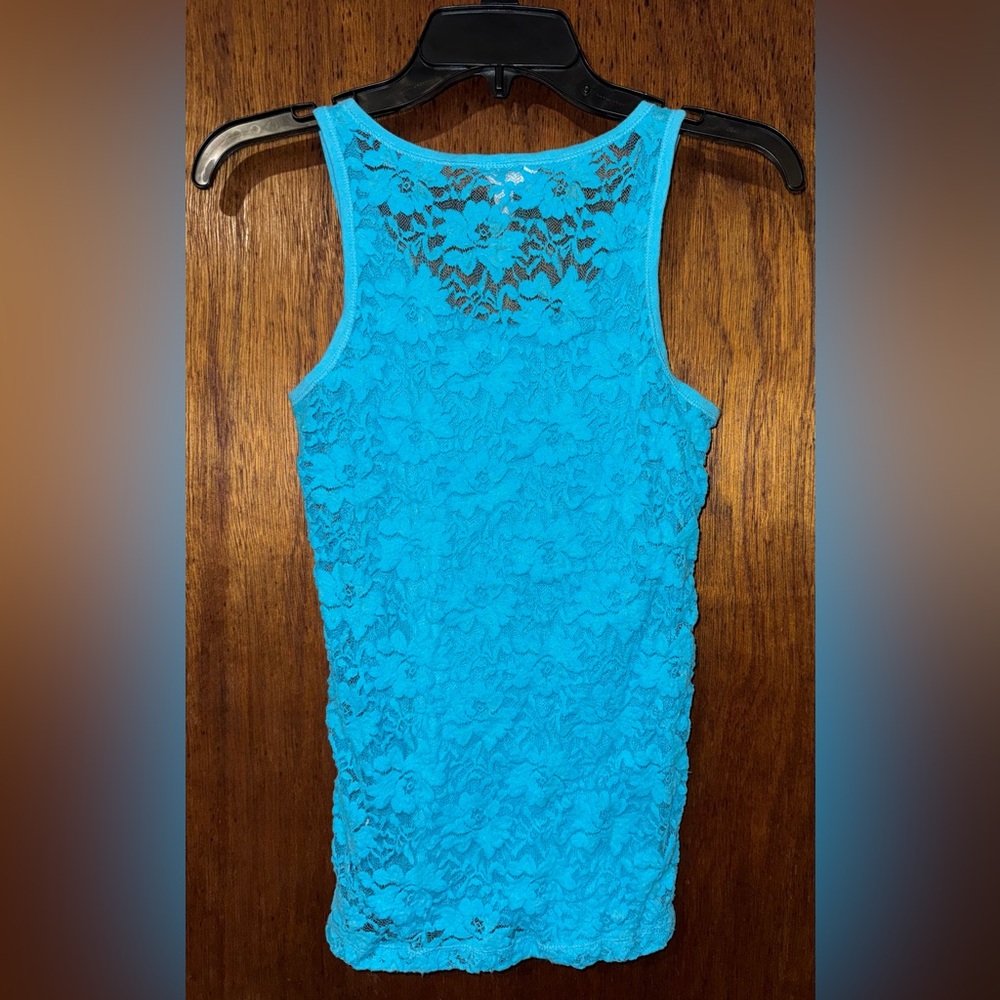 Y2K Aeropostale Teal Floral Lace Back Tank Top ~ Sheer, Ribbed ~ Size Medium